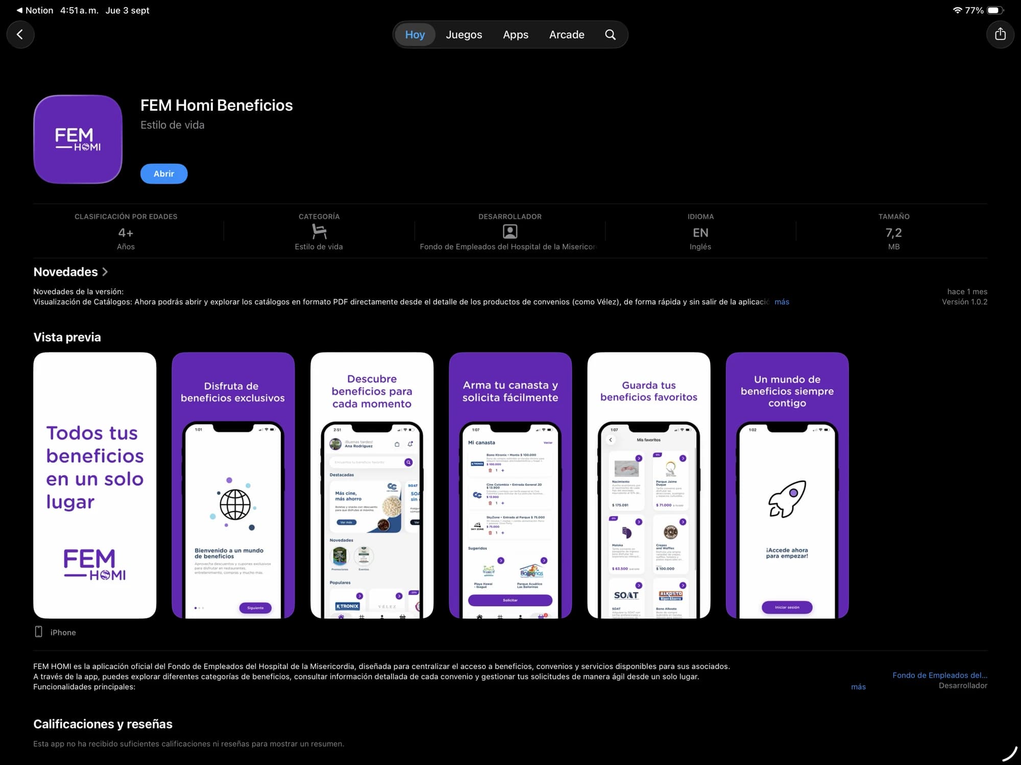 Ficha de la app FEM Homi Beneficios publicada en la App Store, con capturas reales