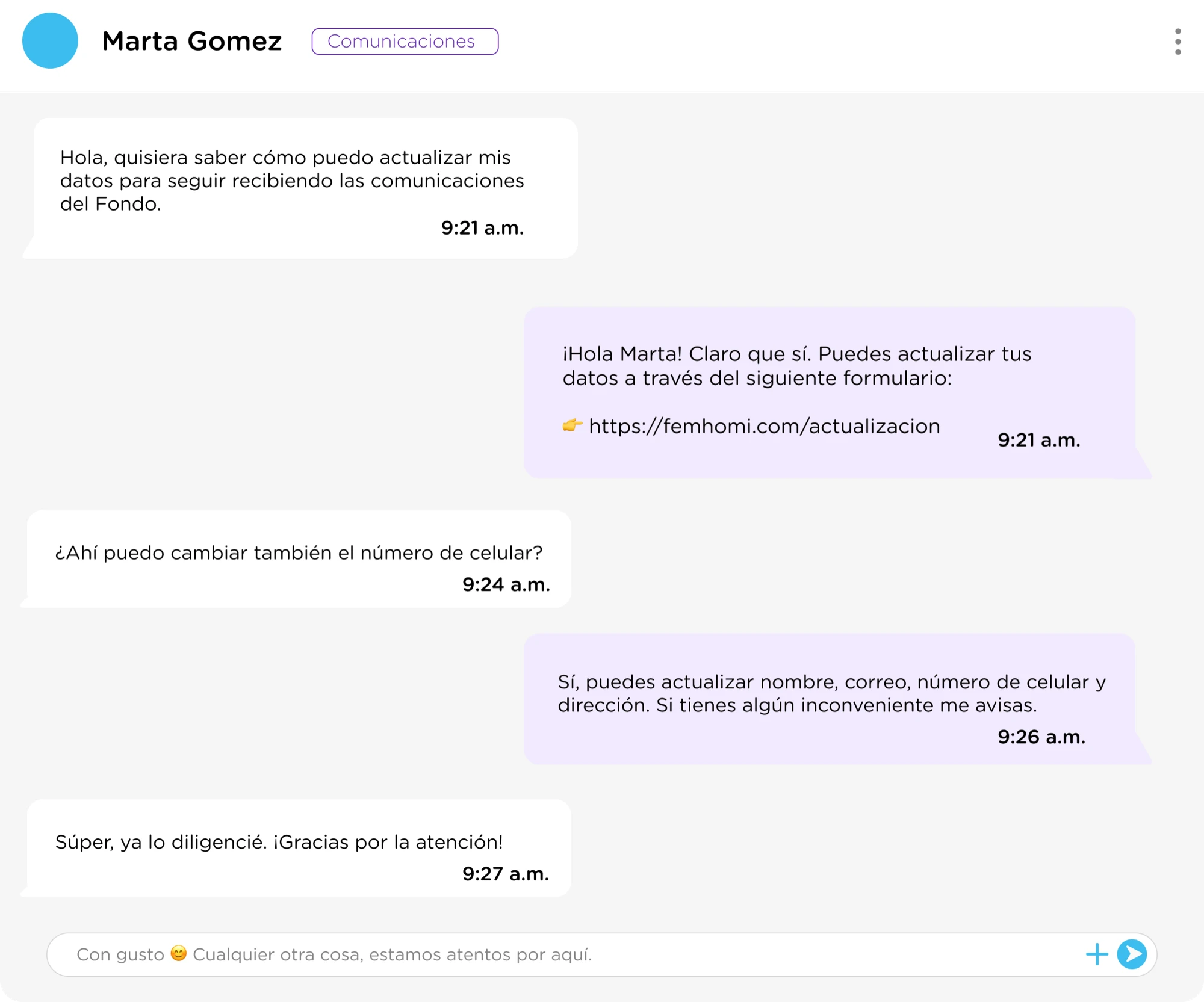 Conversación real de atención vía WhatsApp Business en la plataforma web de FEM HOMI