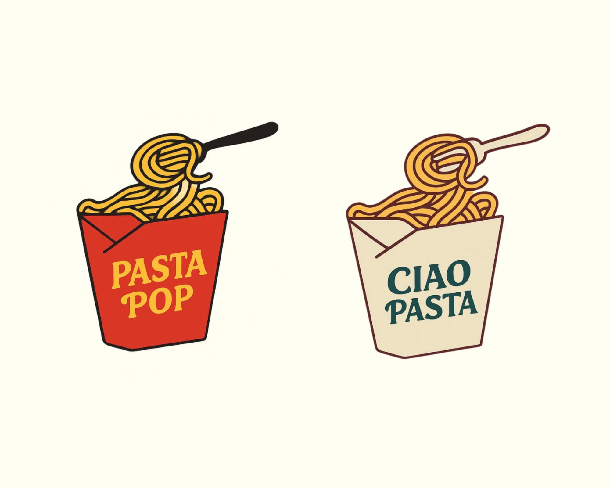 Dos conceptos iniciales de empaque, Pasta Pop y Ciao Pasta, uno junto al otro